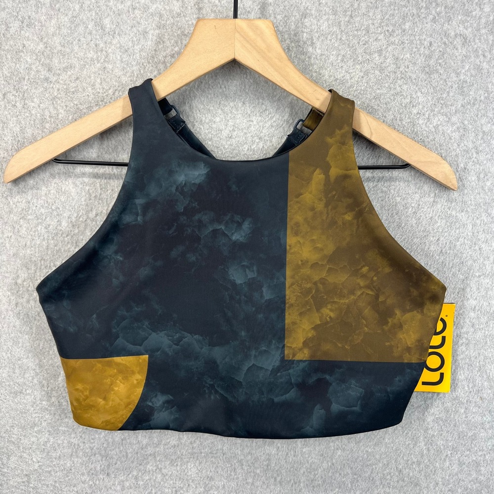 Lole High Neck Sports Bra Womens M Black Gold Abstract Printed Strappy NWT